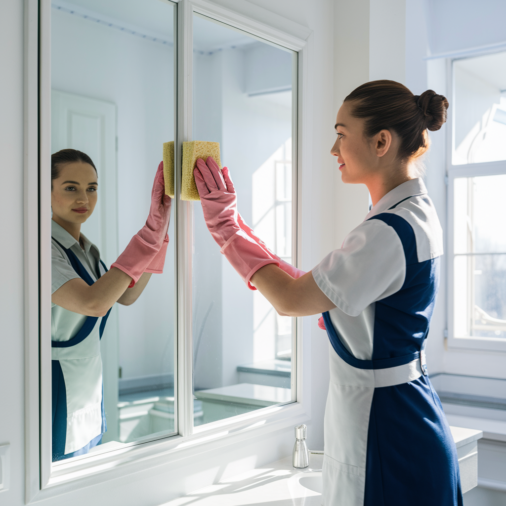 aide à domicile nettoyant le miroir avec une éponge et gants roses